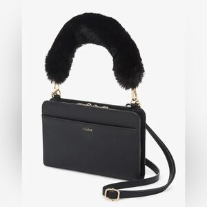 Calpak Faux Leather RFID Travel Wallet Black Crossbody Shoulder Bag Fur Strap